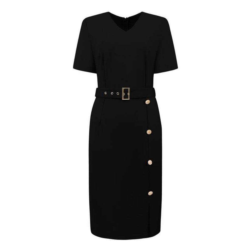 Women's Button Decor Sheath Dress Short Sleeve Belted Pencil Dress Black